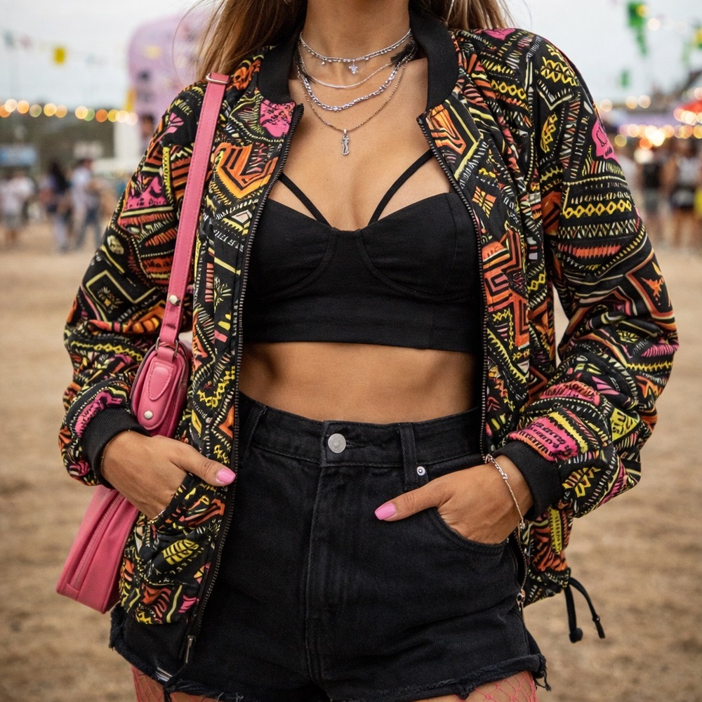 H&M x Coachella Festival Bomber Jacket Neon Tribal Print